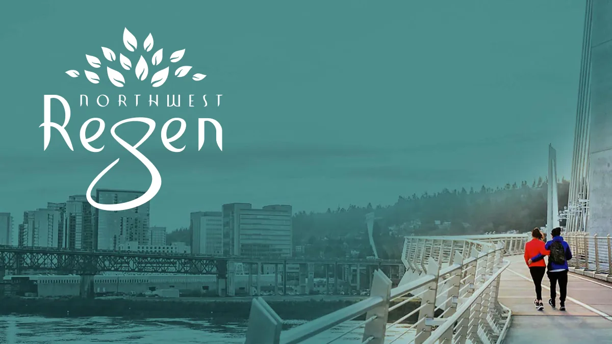 NW Regen clinic branding over the Portland, Oregon riverfront